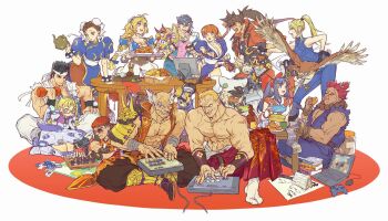 Rule 34 | 6+boys, 6+girls, ainu clothes, akuma (street fighter), arcade stick, area (arika), arm wrap, armor, bayman (doa), beads, belt, bird, black hair, blonde hair, blue dress, blue eyes, board game, bodysuit, book, bow, bracelet, braid, breasts, brown eyes, brown hair, bun cover, capcom, character request, chess, chessboard, china dress, chinese clothes, chun-li, clover, computer, computer mouse, controller, copyright request, corset, cross scar, crossover, dark-skinned female, dark-skinned male, dark skin, dead or alive, dog tags, double bun, dougi, dress, eating, exercising, facial hair, fatal fury, fighting game, final fight, fingerless gloves, food, game controller, geese howard, glasses, gloves, guilty gear, guilty gear strive, hair bun, hair slicked back, hakama, halterneck, handheld game console, hat, hat with ears, hawk, headband, high ponytail, highres, indian style, jacket, japanese armor, japanese clothes, jewelry, joystick, kasumi (doa), katana, laptop, large breasts, long hair, lucifero (guilty gear), mamahaha, mishima heihachi, multiple boys, multiple girls, muscular, muscular male, mustache, nakoruru, namco, necklace, open clothes, open mouth, open vest, pantyhose, pelvic curtain, playing games, playstation portable, ponytail, power armor, prayer beads, puffy short sleeves, puffy sleeves, ramlethal valentine, red bow, red eyes, red hair, rolento, samurai spirits, sash, scar, sega, short hair, short sleeves, shoulder armor, sidelocks, sitting, sleeveless, smile, sneer, snk, sode, sol badguy, sophitia alexandra, soul calibur, spiked bracelet, spiked hair, spikes, street fighter, street fighter ex (series), suneate, sunglasses, sword, tabi, table, takayuki nakayama, tecmo, tekken, thighhighs, topknot, topless male, tournament bracket, twin braids, twintails, very long hair, vest, virtua fighter, wariza, weapon, weightlifting, white thighhighs, widow's peak, yuki akira