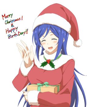 10s 1girl :d blue_hair blush female_focus gift happy_birthday hat holly joukamachi_no_dandelion kobayashi_shinpei long_hair merry_christmas mistletoe open_mouth sakurada_aoi santa_hat simple_background smile solo waving white_background