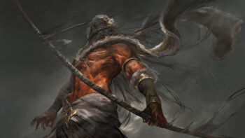 1boy absurdres alcides_(fate) armlet black_hair bow_(weapon) bracer chain chinese_commentary colored_skin commentary_request covered_face cowboy_shot fate/strange_fake fate_(series) grey_background heracles_(fate) highres holding holding_bow_(weapon) holding_weapon jewelry loincloth long_hair male_focus muscular muscular_male red_skin solo topless_male weapon zhi_(3891054130)