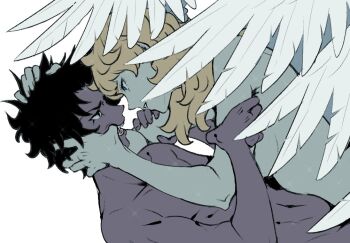 Rule 34 | 2boys, angel wings, black hair, blonde hair, blue eyes, collarbone, commentary request, dark-skinned male, dark skin, devilman, devilman crybaby, eye contact, eyelashes, fangs, feathered wings, finger in another's mouth, fudou akira, hand on another's face, hand on another's head, hands on another's arms, huziqunzi, long hair, looking at another, lower eyelashes only, male focus, multiple boys, navel, nude, pectorals, satan (devilman), sharp teeth, simple background, teeth, white background, white wings, wings, yaoi
