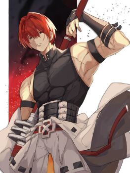 1boy bicep_strap clothes_around_waist fate/grand_order fate_(series) harada_sanosuke_(fate) highres holding holding_polearm holding_weapon jacket jacket_around_waist kamigokuin looking_at_viewer multiple_scars pants polearm red_hair scar scar_on_arm solo toned toned_male weapon white_jacket white_pants