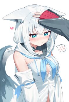 2girls absurdres ahoge animal_ears black_sleeves blue_eyes blue_neckerchief blush breasts closed_mouth commentary_request deaver detached_sleeves ears_down fox_ears fox_girl fox_tail hand_on_another's_head headpat heart highres hololive hood hood_down hoodie long_hair long_sleeves looking_down medium_breasts midriff_peek multiple_girls navel neckerchief ookami_mio ookami_mio_(1st_costume) out_of_frame shirakami_fubuki shirakami_fubuki_(1st_costume) sidelocks simple_background smile spoken_blush tail tail_wagging upper_body virtual_youtuber white_background white_hair white_hoodie
