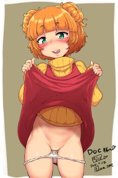 1girl blush censored clothes_lift double_bun dress dress_lift freckles green_eyes hair_bun heart heart_censor highres imazon loli looking_at_viewer open_mouth orange_hair original panties panties_around_leg pussy shirt shirt_under_dress short_hair simple_background solo tongue tongue_out underwear