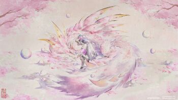 1girl 1other abbbbbbk bubble cherry_blossoms colored_skin highres horns mizutsune monster_hunter_(series) pink_scales purple_skin sleeping spines white_hair
