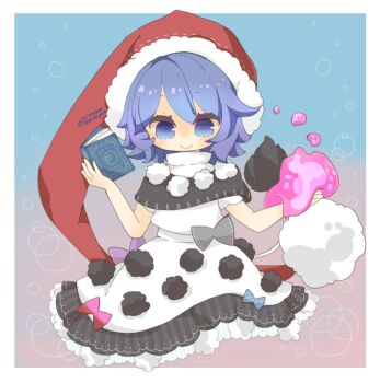 1girl animal_ears black_capelet blob blue_eyes blue_hair blush book capelet chibi doremy_sweet dream_soul full_body hat holding holding_book nightcap nightgown one-hour_drawing_challenge pom_pom_(clothes) red_hat short_hair solo tapir_ears touhou yaco_(nuitnotte)