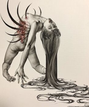 1girl arched_back bleeding blood commentary_request completely_nude full_body guro highres injury kneeling long_hair meimaro nipples nude open_mouth original painting_(medium) photo_(medium) ribs simple_background soles solo spikes stab traditional_media very_long_hair