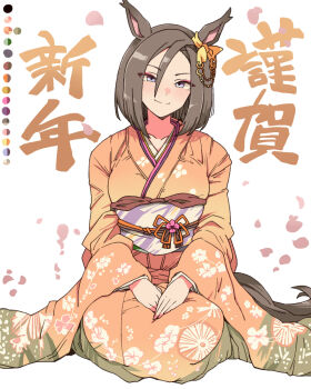 1girl air_groove_(umamusume) animal_ears blue_eyes blush bow breasts brown_hair closed_mouth collarbone commentary_request ear_bow ear_chain floral_print floral_print_kimono hair_between_eyes horse_ears horse_girl horse_tail japanese_clothes kimono linked_piercing long_sleeves looking_at_viewer obi orange_kimono petals piercing print_kimono sash short_hair skirt smile tail toriga_naku umamusume yellow_bow