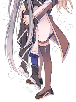 2girls black_shoes blonde_hair blue_pants brown_thighhighs clothes_pull commentary_request duel_monster emptyayya grey_hair head_out_of_frame height_difference highres hug lifting_person long_hair multiple_girls pants pants_pull pussy_juice shoes simple_background sky_striker_ace_-_raye sky_striker_ace_-_roze standing thighhighs very_long_hair white_background yu-gi-oh! yuri