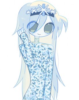 1018sus 1girl black_hairband blue_hair blue_shirt blue_skin breasts closed_mouth colored_skin commentary_request cowlick double-parted_bangs eunoia_(frozen_soul) fewer_digits frozen_soul green_eyes hair_between_eyes hairband hand_up highres impossible_clothes impossible_shirt korean_commentary long_hair long_sleeves looking_at_viewer no_nose no_pupils roblox shirt simple_background small_breasts smile solo tareme turtleneck turtleneck_shirt upper_body very_big_eyes very_long_hair white_background