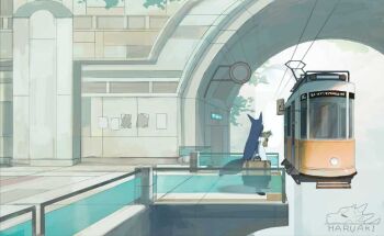 animal_ears architecture artist_name black_hair commentary_request day haruaki_(onkai_planaria) long_hair monorail original outdoors scenery skyway solo standing train_station_platform very_long_hair