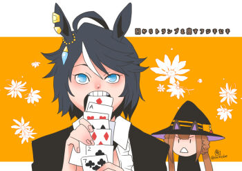 2girls animal_ears black_hair black_hat black_shirt blue_eyes braid braided_hair_rings brown_hair card commentary_request earclip ears_through_headwear fuji_kiseki_(umamusume) hair_rings hat holding holding_card horse_ears horse_girl long_hair looking_at_viewer magic_trick multiple_girls onikobe_rin open_mouth orange_background playing_card shirt short_hair solo_focus sweep_tosho_(umamusume) translation_request umamusume upper_body witch_hat