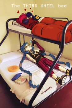 3girls arcane:_league_of_legends artist_name bed blue_hair blue_nails braid bunk_bed caitlyn_(league_of_legends) closed_eyes closed_mouth commentary decy_wilde english_commentary english_text goggles heart highres jinx_(league_of_legends) league_of_legends long_hair lying multicolored_nails multiple_girls nail_polish on_back on_side pillow pink_nails purple_hair red_hair siblings sisters twin_braids vi_(league_of_legends) yuri