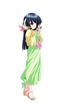 1girl animal_ears anime_coloring arm_behind_back black_hair breasts closed_mouth cropped_jacket dog_ears dress extra_ears floppy_ears full_body game_asset green_dress hair_ribbon half_updo hand_in_own_hair highres hiiragi_mako jacket large_variant_set layered_clothes long_dress long_hair long_sleeves mahotama maki_daikichi medium_breasts official_art orange_eyes pink_sash raised_inner_eyebrows ribbon sandals sash simple_background solo standing tachi-e tareme third-party_source transparent_background variant_set visual_novel_cg yellow_jacket