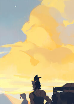 2boys cat cloud iggy_(jojo) jean_pierre_polnareff jojo_no_kimyou_na_bouken kakyoin_noriaki looking_at_another multiple_boys outdoors rei_(sanbonzakura) sky sunset white_hair