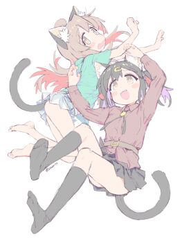 Rule 34 | 2girls, :d, absurdres, ahoge, animal ear fluff, animal ears, bare legs, barefoot, black hair, black skirt, black socks, blue shirt, blush, bolo tie, cat ears, cat girl, cat tail, colored inner hair, commentary, fang, full body, grey hair, hair ornament, hairclip, highres, kemonomimi mode, kneehighs, long hair, long sleeves, matado (almukha), miniskirt, multicolored hair, multiple girls, onii-chan wa oshimai!, open mouth, oyama mahiro, oyama mihari, pink hair, purple hair, shirt, short sleeves, siblings, simple background, sisters, skirt, smile, socks, tail, two-tone hair, white background, white skirt, yellow eyes