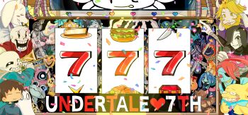 1other 777 absurdres alphys androgynous asgore_dreemurr black_hair blonde_hair blue_skin brown_hair character_request colored_skin copyright_name flowey_(undertale) glasses goat_boy goat_girl highres holding holding_instrument holding_trombone instrument mettaton mettaton_ex monster monster_kid_(undertale) papyrus_(undertale) robot sans_(undertale) skeleton slot_machine tama_(tamafuku08) temmie toriel trombone undertale undyne utdr_(toby_fox)