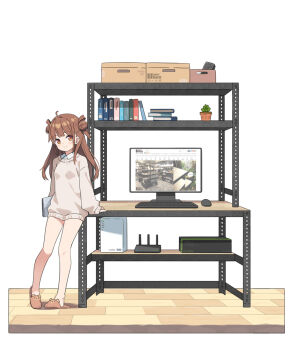 1girl animal_slippers bear_slippers breasts brown_eyes brown_hair brown_slippers brown_sweater closed_mouth collared_shirt commentary_request computer computer_keyboard computer_mouse computer_tower double_bun hair_bun hatsunatsu long_hair long_sleeves monitor original puffy_long_sleeves puffy_sleeves router shirt simple_background sleeves_past_wrists slippers small_breasts smile solo sweater two_side_up white_background white_shirt wooden_floor