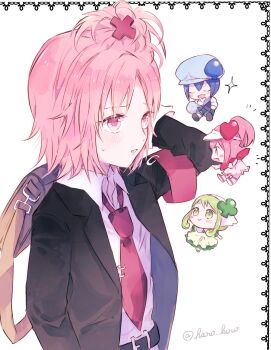 4girls bag blue_hair blush closed_eyes green_hair guardian_chara hano_luno hashtag-only_commentary hat highres hinamori_amu holding holding_bag miki_(shugo_chara!) mini_person multiple_girls notice_lines pink_eyes pink_hair ran_(shugo_chara!) school_bag school_uniform shugo_chara! sidelocks simple_background smile sparkle suu_(shugo_chara!) sweatdrop twitter_username visor_cap white_background