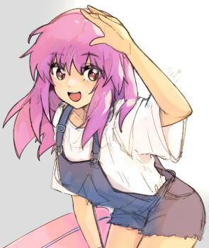 1girl :d blue_overalls highres kaleido_star long_hair looking_at_viewer naegino_sora naekam open_mouth overall_shorts overalls purple_eyes purple_hair smile solo