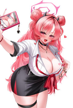 1girl :d absurdres alternate_breast_size_(larger) black_choker black_hairband black_skirt blue_archive blush bow bowtie bracelet breasts cellphone_charm cellphone_photo charm_(object) choker cleavage commentary cowboy_shot curvy double_bun dress_shirt fake_horns fang fingernails flashing gold_bracelet gold_necklace gyaru hair_bun hairband halo heart heart-shaped_charm high-waist_skirt highres holding holding_phone horn_hairband horns huge_breasts jewelry kirara_(blue_archive) leaning_forward lipstick_mark lipstick_mark_on_breast long_fingernails long_hair looking_at_viewer loose_bowtie miniskirt multiple_bracelets necklace open_mouth partially_unbuttoned pencil_skirt phone pink_hair pink_halo pulling_own_clothes red_bow red_bowtie red_eyes school_uniform selfie shirt side_up_bun simple_background skin_fang skindentation skirt sleeves_rolled_up smile solo ssb_(nit8921) taking_picture thick_thighs thigh_strap thighs two_side_up underbust very_long_hair wavy_hair white_background white_shirt