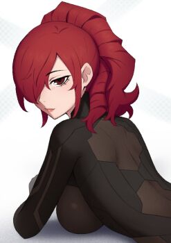 1girl back back_focus bodysuit breasts commentary edmonmondo english_commentary from_behind highres kirijou_mitsuru large_breasts latex latex_bodysuit long_hair looking_back persona persona_4:_the_ultimate_in_mayonaka_arena ponytail red_eyes red_hair solo
