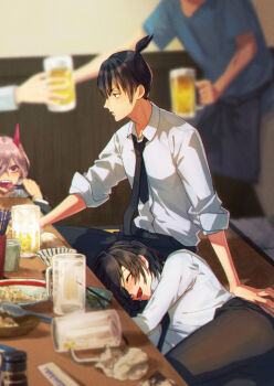 1other 2boys 2girls ^_^ akikoke alcohol apron ass beer beer_mug black_hair black_necktie black_pants blue_apron blurry blurry_background blush chainsaw_man chopsticks closed_eyes commentary_request cup demon_horns depth_of_field drooling eating eyepatch hayakawa_aki himeno_(chainsaw_man) holding holding_chopsticks holding_cup horns indoors lap_pillow looking_ahead lying mug multiple_boys multiple_girls necktie on_side out_of_frame pants pink_hair power_(chainsaw_man) restaurant saliva shirt smile topknot waist_apron white_shirt