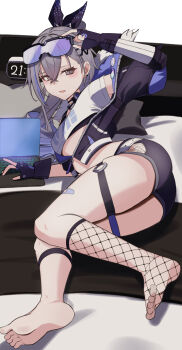 1girl absurdres ass black_gloves black_jacket black_shorts computer cropped_jacket drill_hair drill_ponytail feet fingerless_gloves fishnet_socks fishnets full_body fur-trimmed_jacket fur_trim gloves goggles goggles_on_head grey_eyes grey_hair hair_between_eyes highres honkai:_star_rail honkai_(series) jacket laptop long_hair lying nemu_(jdgz3357) o-ring o-ring_thigh_strap on_side open_mouth purple_hair shirt short_shorts shorts silver_wolf_(honkai:_star_rail) single-shoulder_shirt single_sock socks solo thigh_strap white_shirt