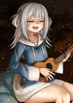 1girl :d artist_name blue_hoodie blue_nails blue_streaks blunt_bangs campfire closed_eyes collarbone commentary dated drawstring english_commentary eyelashes fins fish_tail gawr_gura gawr_gura_(1st_costume) gradient_clothes hair_ornament highres holding holding_instrument holding_ukulele hololive hololive_english hood hood_down hoodie instrument light_particles long_hair long_hoodie long_sleeves multicolored_hair nail_polish open_mouth outdoors playing_instrument shark_girl shark_hair_ornament sharp_teeth signature singing sitting smile solo streaked_hair superfann tail teeth two_side_up ukulele virtual_youtuber white_hair white_hoodie