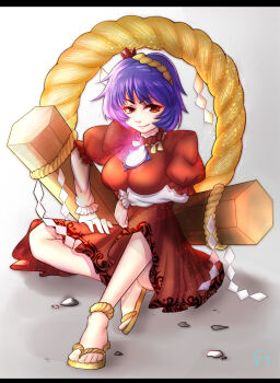 1girl blue_hair breasts brown_sandals commentary_request crossed_legs dress glowing grey_background hair_bun hair_ornament hand_on_own_leg highres large_breasts leaf_hair_ornament long_sleeves medium_hair mirror onbashira red_dress red_eyes rock rope sandals shide shimenawa sitting smile solo touhou wengcang_hefeng white_sleeves yasaka_kanako