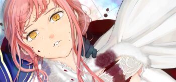 2girls artoria_caster_(fate) artoria_pendragon_(fate) black_gloves bleeding blood blood_on_clothes blood_on_face cape cnoc_na_riabh_(fate) fate/grand_order fate_(series) fur_trim game_cg gloves long_hair looking_at_viewer medb_(fate) multiple_girls official_art open_mouth pink_hair pool_of_blood spoilers takayama_kisai updo white_cape yellow_eyes