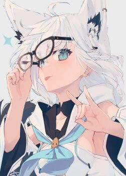 Rule 34 | 1girl, adjusting eyewear, ahoge, animal ear fluff, animal ears, blue neckerchief, blush, braid, detached sleeves, earrings, extra ears, fox ears, fox girl, fox shadow puppet, glasses, green eyes, hair between eyes, highres, hololive, hood, hoodie, jewelry, long hair, looking at viewer, nagishiro mito, neckerchief, shirakami fubuki, shirakami fubuki (1st costume), sidelocks, simple background, single braid, solo, tongue, tongue out, virtual youtuber, white background, white hair, white hoodie