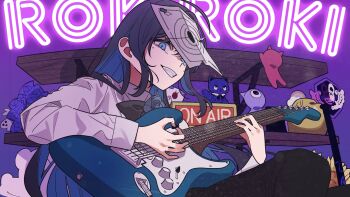 1girl ado_(utaite) adorozatorumary black_bow black_bowtie blue_eyes bow bowtie breasts chando_(ado) cleavage colored_inner_hair commentary electric_guitar guitar hashtag-only_commentary highres holding holding_guitar holding_instrument holding_plectrum instrument long_hair long_sleeves looking_at_viewer mole mole_under_eye multicolored_hair open_mouth paper_on_head plectrum riseno roki_(vocaloid) sanrio shirt solo vocaloid white_shirt