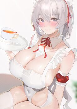 1girl absurdres arm_behind_back armband bare_shoulders between_breasts blue_eyes blurry blush breasts cleavage closed_mouth commentary covered_collarbone covered_navel cup depth_of_field detached_collar frilled_armband frilled_headwear frills groin hair_between_eyes hand_up highleg highleg_leotard highres holding holding_tray inushima large_breasts leotard long_hair looking_at_viewer low-tied_long_hair maid maid_headdress mole mole_under_eye neck_ribbon original red_armband red_ribbon ribbon shirt sideboob sidelocks simple_background sitting smile solo spoon tea teacup thighhighs thighs tray very_long_hair white_hair white_headdress white_leotard white_shirt white_thighhighs