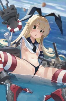 anchor_hair_ornament black_hairband black_neckerchief black_panties blonde_hair blue_sailor_collar blue_sky breasts cloud crop_top day elbow_gloves fat_mons gloves grey_eyes hair_ornament hairband highleg highleg_panties highres kantai_collection long_hair m_legs miniskirt neckerchief nstch//root(a) outdoors panties partially_visible_vulva rensouhou-chan rudder_footwear sailor_collar shimakaze_(kancolle) shirt skirt sky sleeveless sleeveless_shirt small_breasts spread_legs striped_clothes striped_thighhighs thighhighs underwear water white_gloves