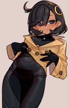 1girl black_bodysuit black_gloves black_hair blue_eyes blush bodysuit bodysuit_under_clothes collared_jacket commentary_request emma_(pokemon) eyelashes gloves grey_background grin hair_between_eyes highres jacket kochiya_(gothope) long_sleeves looking_down nintendo pokemon pokemon_legends:_z-a ring_hair_ornament short_hair simple_background smile solo teeth yellow_jacket