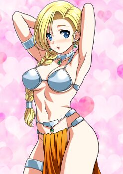 1girl absurdres anime_coloring armlet arms_behind_head bianca_(dq5) blonde_hair blue_eyes braid breasts choker cleavage commentary_request cosplay cowboy_shot dancer&#039;s_costume_(dq) dragon_quest dragon_quest_iv dragon_quest_v earrings gem green_gemstone hair_tubes harem_outfit heart heart_background highres hip_bones jewelry large_breasts looking_at_viewer looking_to_the_side manya_(dq4) manya_(dq4)_(cosplay) metal_bikini metal_hair_tubes midriff navel official_alternate_costume open_mouth orange_loincloth pelvic_curtain pink_background side_part sideboob silver_armlet silver_thighlet single_braid single_hair_tube sphere_earrings thighlet underboob yuuyuu_(3jjbn)