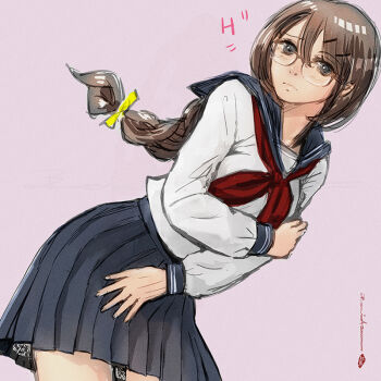 Rule 34 | 1girl, alternate eyewear, artist name, bakemonogatari, black eyes, blue sailor collar, blue skirt, braid, brown-framed eyewear, brown hair, closed mouth, commentary request, cowboy shot, frown, glasses, hand on own arm, hanekawa tsubasa, imoyoukan278, long hair, long sleeves, looking at viewer, monogatari (series), neckerchief, nostrils, over-rim eyewear, pink background, rectangular eyewear, red neckerchief, ribbon, sailor collar, school uniform, semi-rimless eyewear, serafuku, shirt, signature, simple background, single braid, skirt, solo, white shirt, yellow ribbon