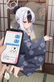 1other 2girls barefoot black_hair black_kimono black_nails blue_archive blush cellphone closed_eyes closed_mouth finger_to_mouth floral_print floral_print_kimono grey_halo hair_bun halo highres holding holding_phone japanese_clothes jmao kayoko_(blue_archive) kimono kneeling multicolored_hair multiple_girls mutsuki_(blue_archive) phone pink_halo pov print_kimono shushing sidelocks sleeping smartphone two-tone_hair under_covers white_hair