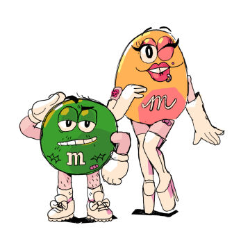 Rule 34 | 1boy, 1girl, arm tattoo, bandaid, boots, elbow gloves, face piercing, facial hair, flower tattoo, gender transitioning, genderswap, genderswap (ftm), genderswap (mtf), gloves, green (m&amp;m's), height difference, highres, leg hair, lip piercing, lips, m&amp;m's, mastectomy scar, mole, mole under eye, one eye closed, piercing, platform footwear, platform heels, pseudonymjones, salute, scar, scar on chest, shoes, sneakers, socks, tattoo, thigh boots, white footwear, white gloves, white socks, yellow (m&amp;m's)