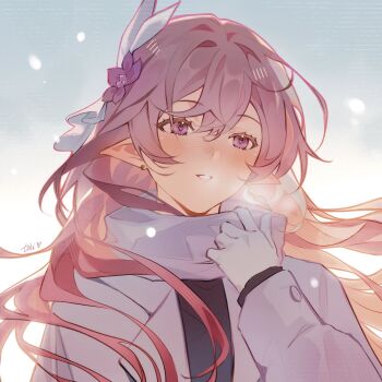 1girl black_sweater blue_sky coat commentary diamond-shaped_pupils diamond_(shape) elf elysia_(herrscher_of_human:_ego)_(honkai_impact) elysia_(honkai_impact) gloves hair_ornament highres honkai_(series) honkai_impact_3rd long_hair pink_hair pointy_ears purple_eyes sky snowing solo sweater symbol-only_commentary symbol-shaped_pupils tokitokiee upper_body very_long_hair white_coat white_gloves