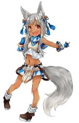 Rule 34 | 1girl, animal ears, bell, blue gloves, blue ribbon, blue shirt, blush, boots, brown boots, chest guard, commentary request, dark-skinned female, dark skin, fingerless gloves, fox ears, fox girl, fox tail, full body, gloves, grey hair, hair bell, hair ornament, hair ribbon, jingle bell, long hair, looking at viewer, meiko (nattu303), midriff, navel, open mouth, ragnarok online, red eyes, ribbon, shirt, shorts, sidelocks, simple background, sleeveless, sleeveless shirt, smile, socks, solo, super novice (ragnarok online), tail, turtleneck, turtleneck shirt, two-tone shirt, white background, white shirt, white shorts, white socks