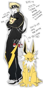 1boy 519luck bag black_headband black_jacket black_pants blonde_hair dog_tags expressionless full_body gen_1_pokemon gen_2_pokemon headband highres holding holding_pokemon jacket jolteon korean_text male_focus nintendo pants pichu poke_ball pokemon pokemon_(creature) reference_sheet scar scar_on_face short_hair shoulder_bag simple_background sitting standing translation_request yellow_eyes yellow_fur
