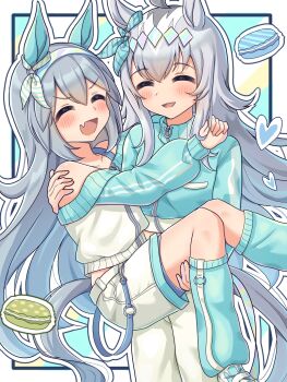 2girls ahoge animal_ears bare_shoulders blue_jacket blush bow carrying collarbone ear_bow ear_covers ear_ornament fang food grey_hair grey_tail hair_between_eyes hairband heart highres horse_ears horse_girl horse_tail jacket leg_warmers long_hair long_sleeves macaron multicolored_hair multiple_girls off-shoulder_jacket off_shoulder oguri_cap_(umamusume) open_mouth pants princess_carry shorts silver_hairband skin_fang smile tail tamamo_cross_(umamusume) umamusume user_njyp2785 very_long_hair white_pants white_shorts yuri
