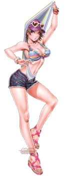 1girl absurdres atomic_wedgie bangle baseball_cap bikini bikini_top_only blue_nails bra bracelet breasts brown_eyes brown_hair cleavage clothes_pull denim denim_shorts eyewear_on_head feet female_pervert grey_shorts hat heart heart-shaped_eyewear highres hirano_miharu jewelry large_breasts legs multicolored_panties nail_polish namco non-web_source object_on_head official_art panties panty_pull pervert rainbow_panties sandals self_wedgie short_hair short_shorts shorts smile solo striped_clothes striped_panties sunglasses swimsuit tekken tekken_tag_tournament_2 third-party_edit toenail_polish toenails toes transparent_background unbuttoned underwear underwear_on_head unzipped watermark wedgie yamashita_shun&#039;ya yellow_eyes