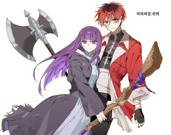 1boy 1girl axe black_coat black_jacket black_pants black_roots blunt_bangs blunt_ends breasts closed_mouth coat commentary_request cowboy_shot dirty dirty_clothes dirty_face dress fern_(sousou_no_frieren) fighting_stance hair_between_eyes highres hime_cut holding holding_axe holding_staff jacket korean_commentary long_coat long_dress long_hair medium_breasts pants pudding_hl purple_eyes purple_hair red_coat red_eyes red_hair short_hair sidelocks sousou_no_frieren staff stark_(sousou_no_frieren) white_dress