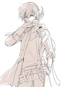 1boy belt caelus_(honkai:_star_rail) coat collarbone commentary_request covering_own_mouth cowboy_shot fingerless_gloves fingernails gloves hair_between_eyes hand_on_own_hip hand_up highres holding holding_quill honkai:_star_rail honkai_(series) hood hooded_coat lapels long_sleeves looking_at_viewer male_focus naname1202 open_clothes open_coat pants pocket_watch quill shirt short_hair simple_background solo standing t-shirt trailblazer_(honkai:_star_rail) watch white_background yellow_eyes