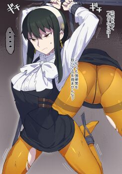 absurdres arms_up bound breasts brown_hair commentary_request dress frilled_dress frills headband highres long_hair looking_to_the_side medium_breasts multiple_views pantyhose red_eyes restrained sands9 spread_legs spy_x_family suspension sweatdrop torn_clothes torn_pantyhose translation_request yor_briar