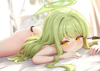 1girl absurdres ass blue_archive blush completely_nude demon_tail flasher_(flasher_ura) green_hair halo highres hikari_(blue_archive) loli long_hair looking_at_viewer lying nude on_stomach pointy_ears solo tail yellow_eyes