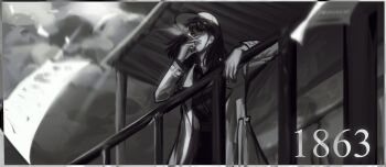 1girl against_railing awning baseball_cap black_hair black_shirt bob_cut border cigarette coat collared_shirt cowboy_shot flying_paper from_below greyscale han_sooyoung hat highres holding holding_cigarette lp_(sangkuranak) monochrome numbered omniscient_reader&#039;s_viewpoint open_clothes open_coat outdoors paper railing shirt short_hair smoke smoke_trail smoking solo white_border white_coat