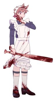 Rule 34 | 1boy, alternate costume, animification, apron, baseball bat, black dress, black shoes, blood, blood on clothes, brown hair, commentary request, crossdressing, crossdressing (mtf), dress, eddsworld, enmaided, hair ears, highres, holding, holding baseball bat, holding shovel, juliet sleeves, long sleeves, maid, maid headdress, male focus, male maid, mjsc 10, puffy sleeves, red eyes, shoes, short hair, shovel, socks, solo, tord (eddsworld), white apron, white socks